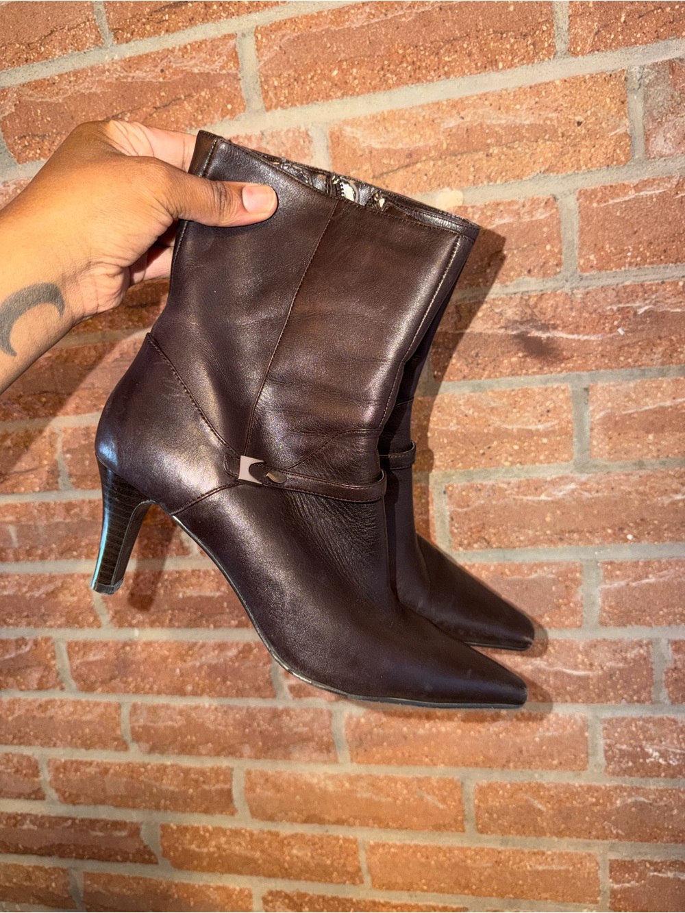 Women's Dark Brown Leather Mid-Calf Heeled Boots